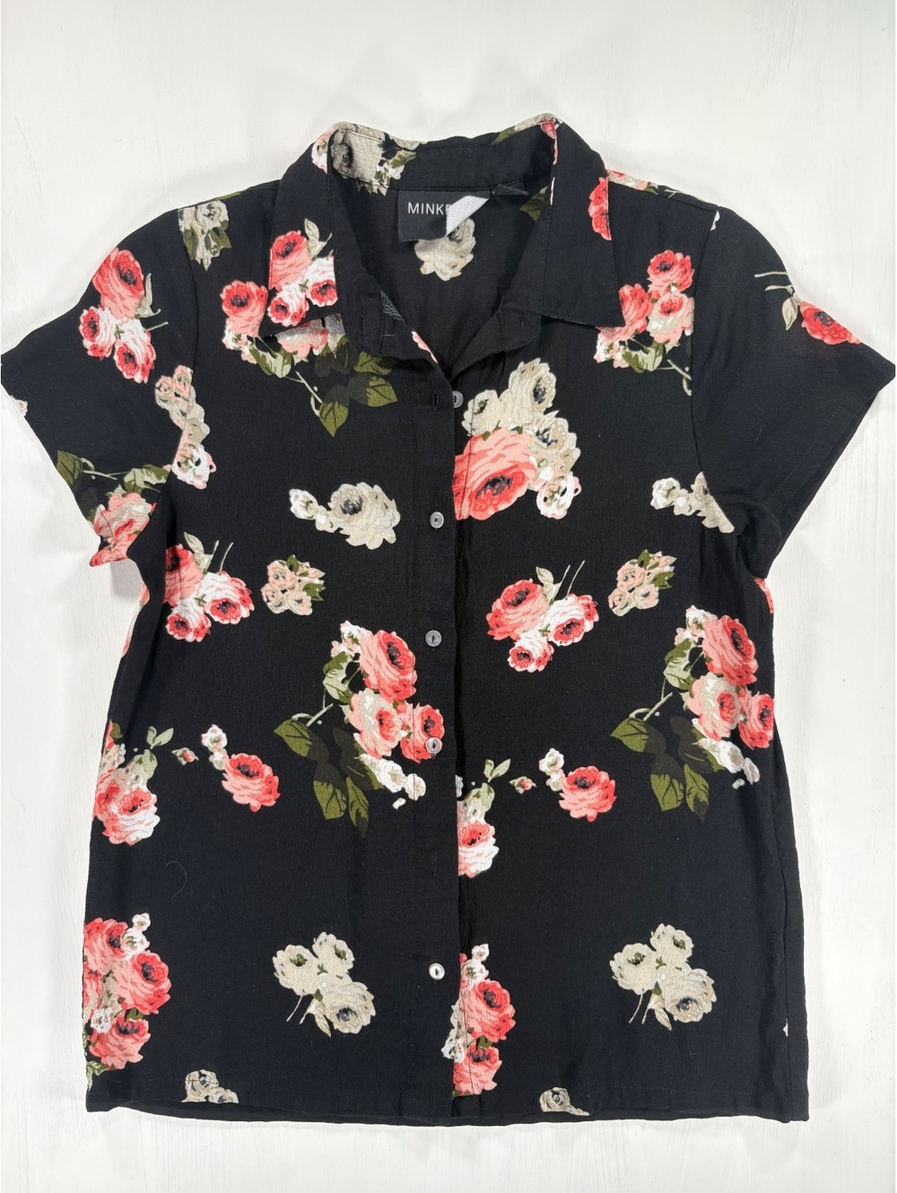 MinkPink Black Floral Button Front Blouse Size XS